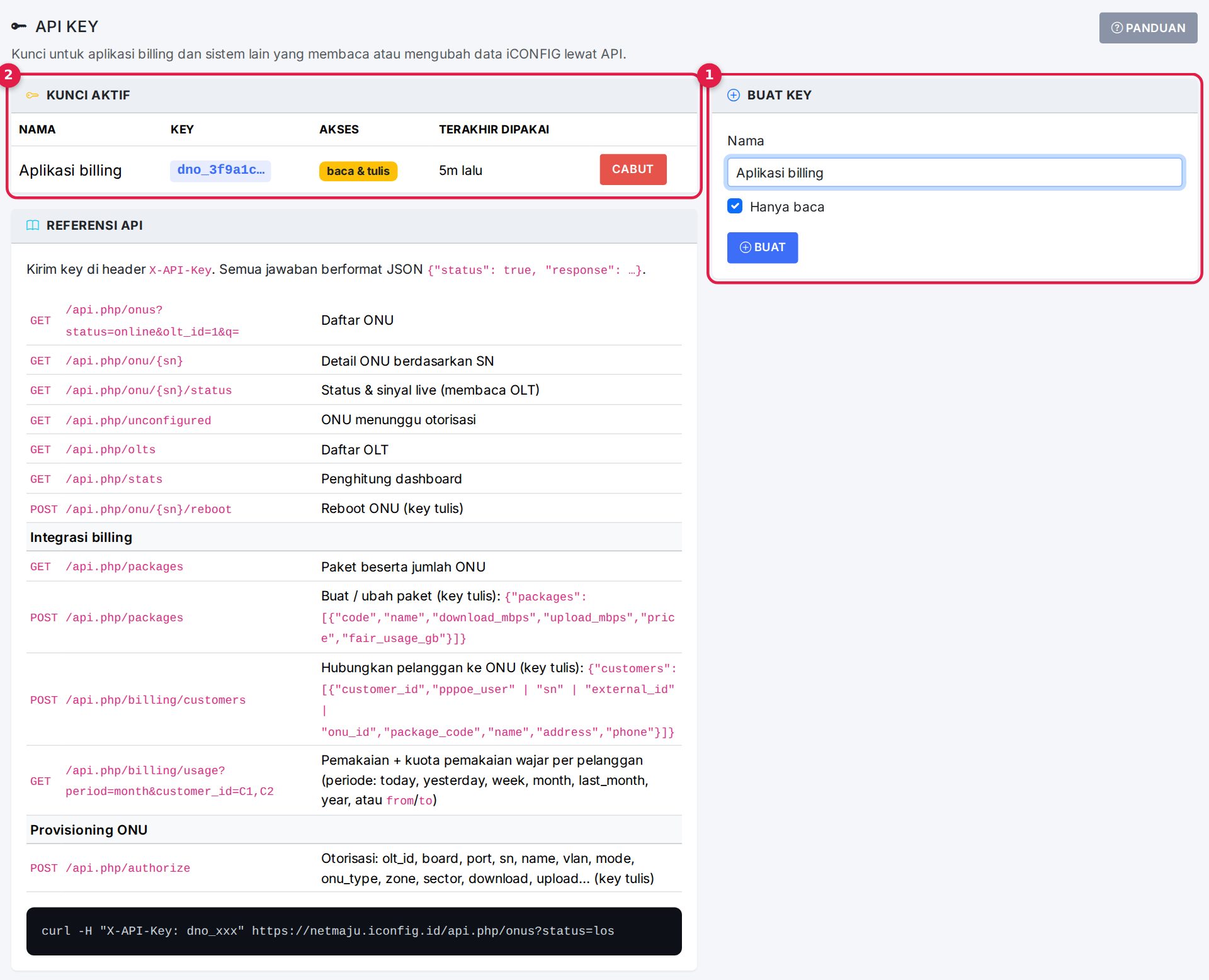 API key: (1) membuat key baru, (2) key aktif dengan hak akses dan waktu terakhir dipakai. Di bawahnya ada ringkasan endpoint.