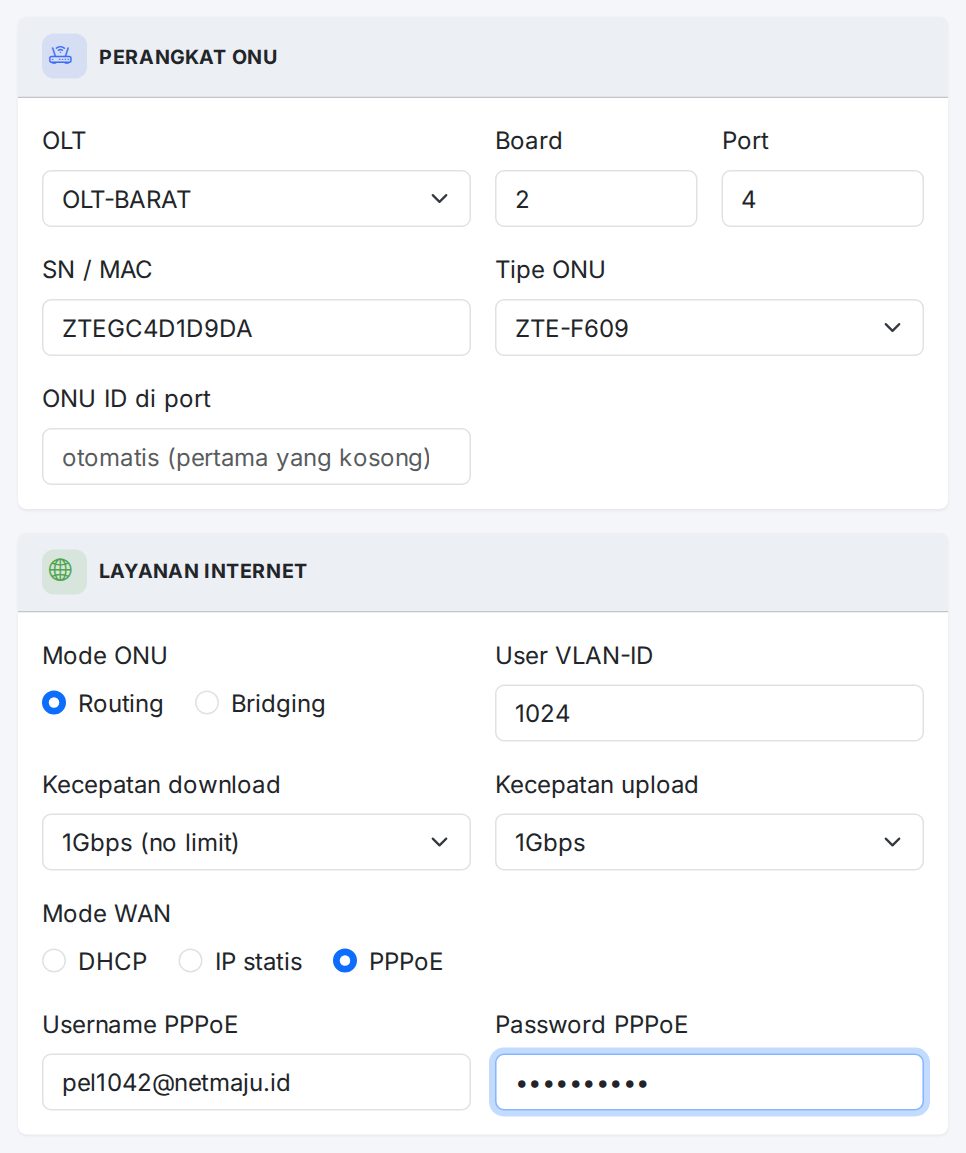 Form Otorisasi ONU: Perangkat ONU dan Layanan internet.