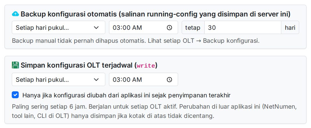 Pengaturan → Umum: jadwal backup otomatis dan simpan konfigurasi OLT terjadwal.