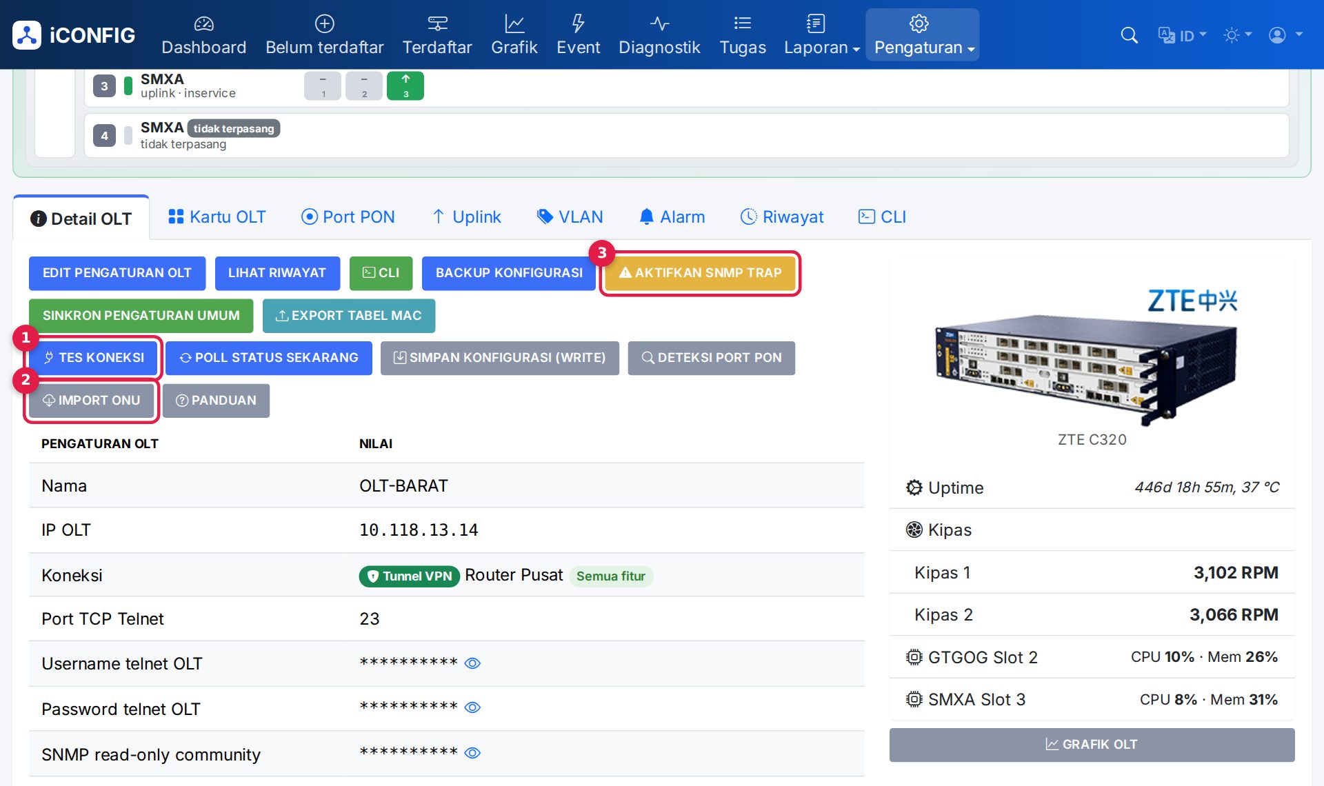 Halaman OLT yang terhubung lewat Tunnel VPN: (1) Tes koneksi, (2) Import ONU, (3) Aktifkan SNMP trap.
