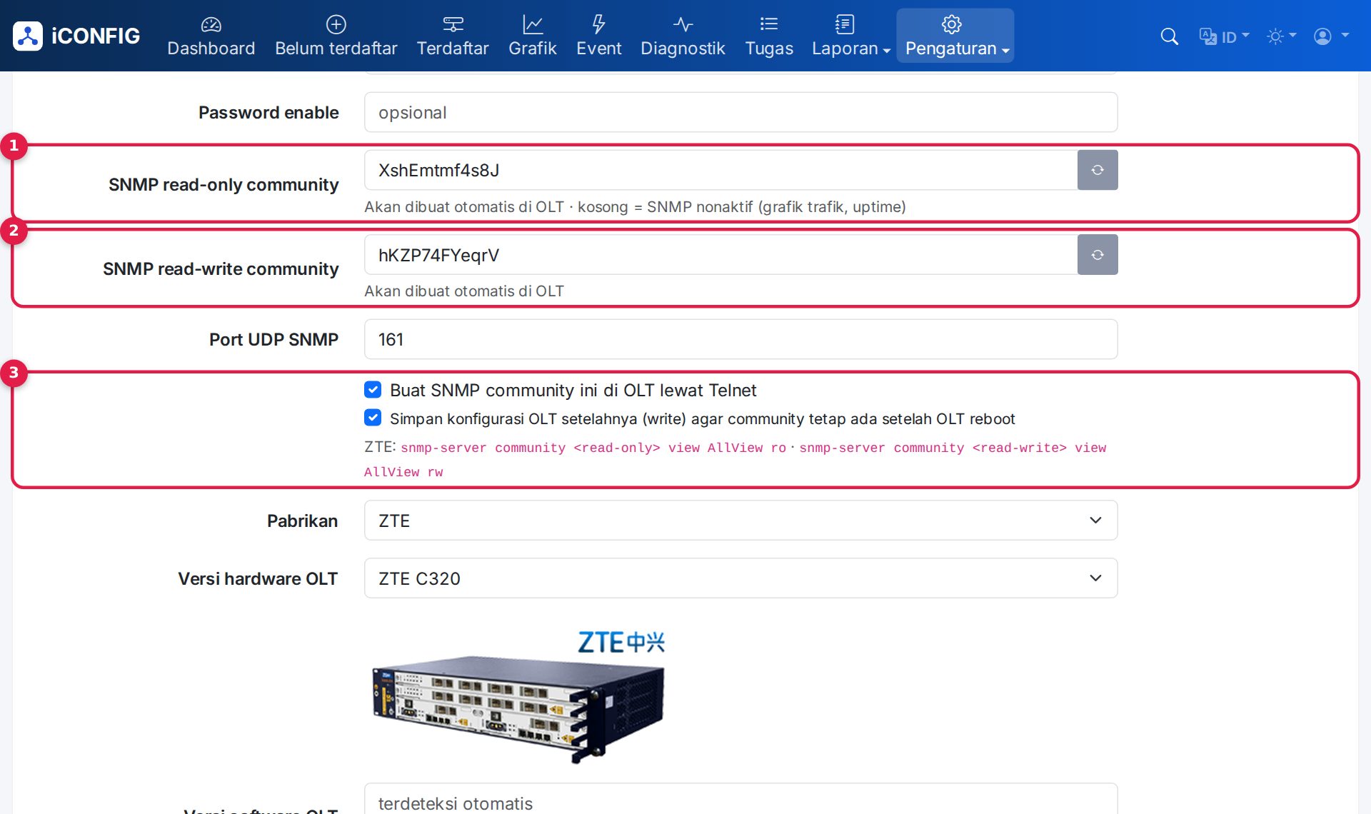Community SNMP dibuat otomatis di OLT.