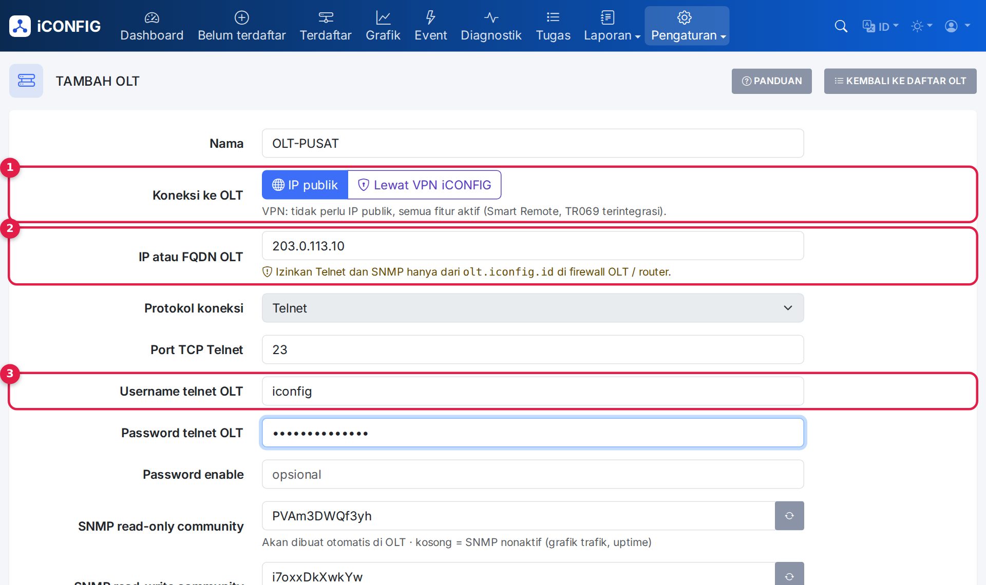 Form Tambah OLT: nama, cara koneksi dan login Telnet.