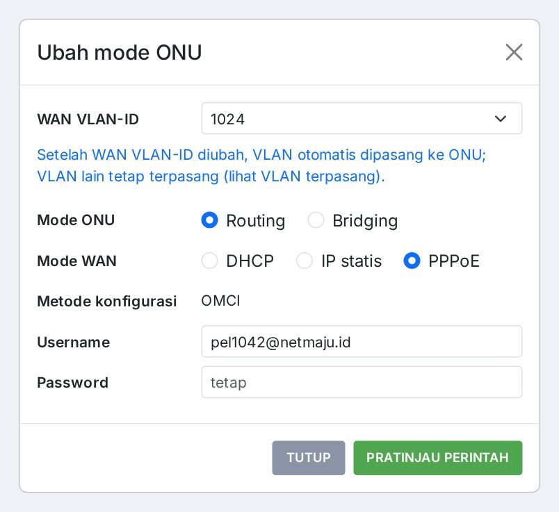 Jendela Ubah mode ONU: VLAN, mode ONU, mode WAN dan PPPoE.