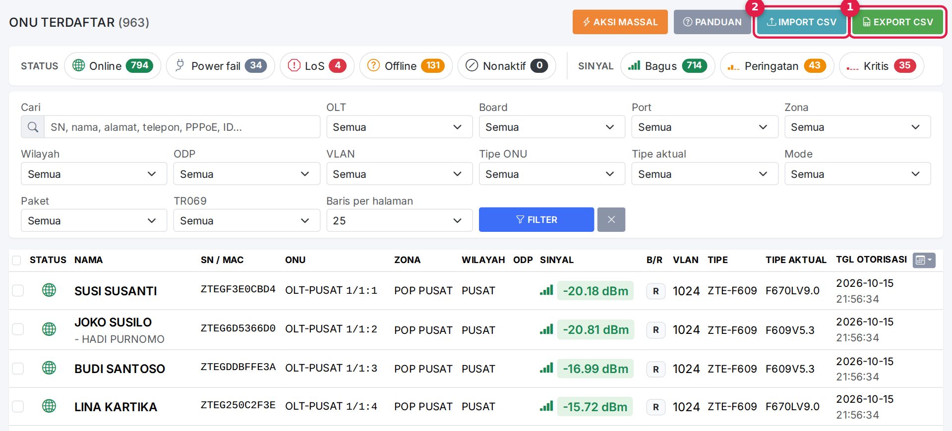Menu Terdaftar: tombol Export CSV (1) dan Import CSV (2).