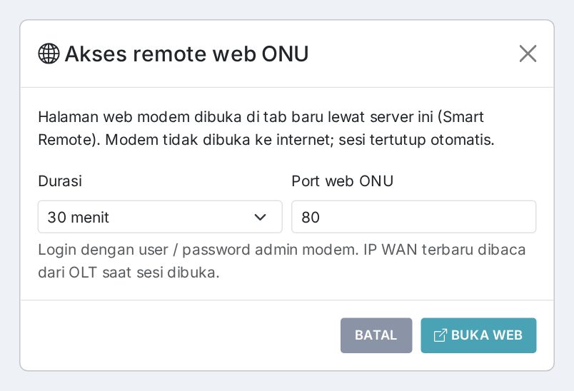 Jendela Akses remote web ONU: durasi sesi dan port web modem.