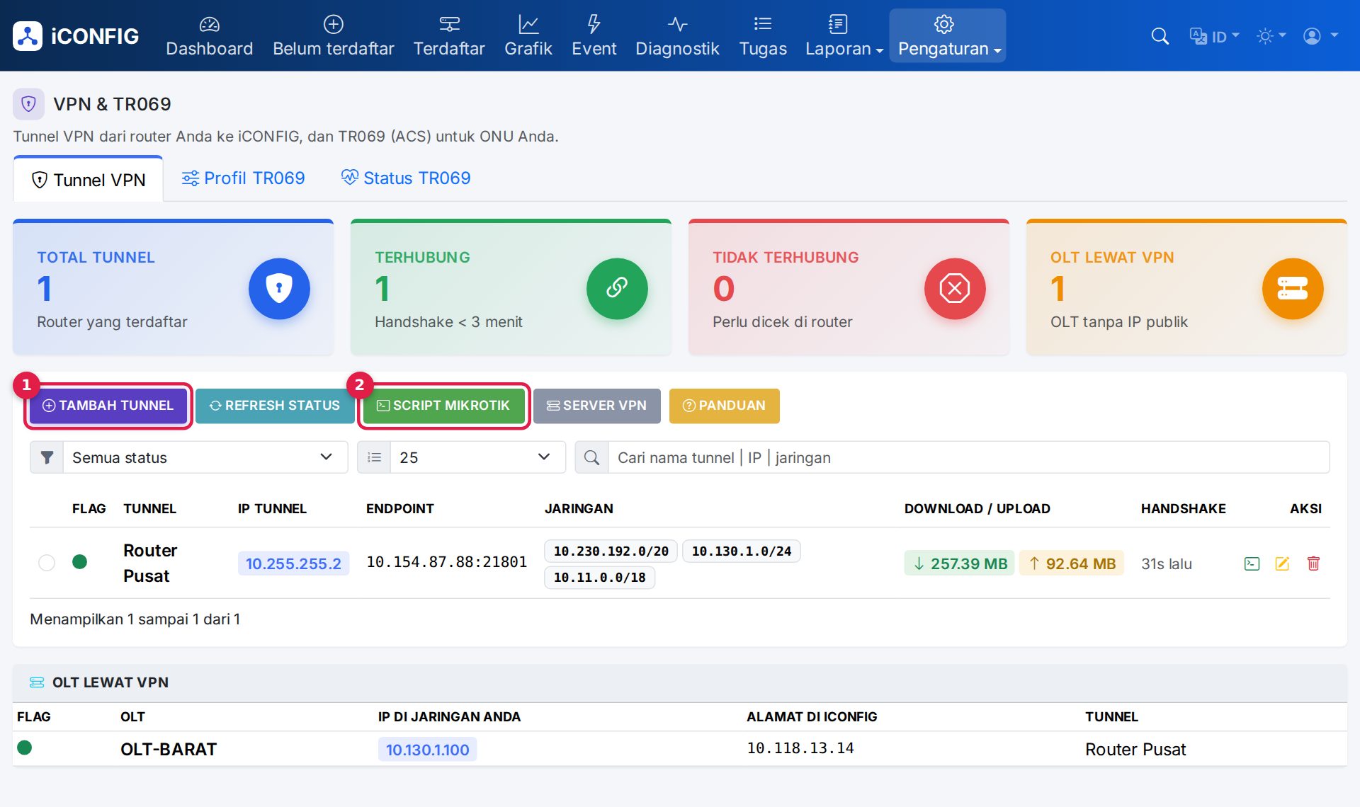 Menu Tunnel VPN: tombol Tambah tunnel dan Script MikroTik.